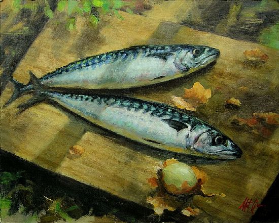 Two Mackerel on Chopping Board, Oil, 12x15inches